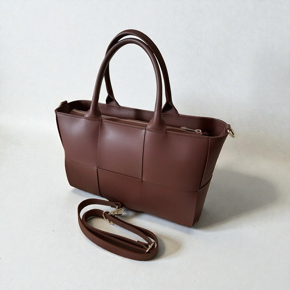 Elegant Brown Leather Tote Bag Woven Genuine Leather